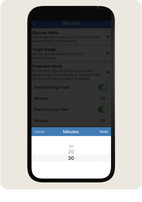 Phone screen displays glucose management settings